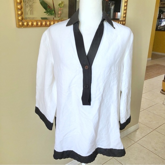 ANNE KLEIN Womens White Black Linen Blend Collar Tunic Size M - Picture 2 of 7